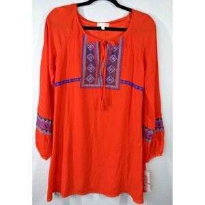 GB Tunic Dress Womens Small Orange Embroidered Boho‎ Long Sleeve Tassel Trim NWT
